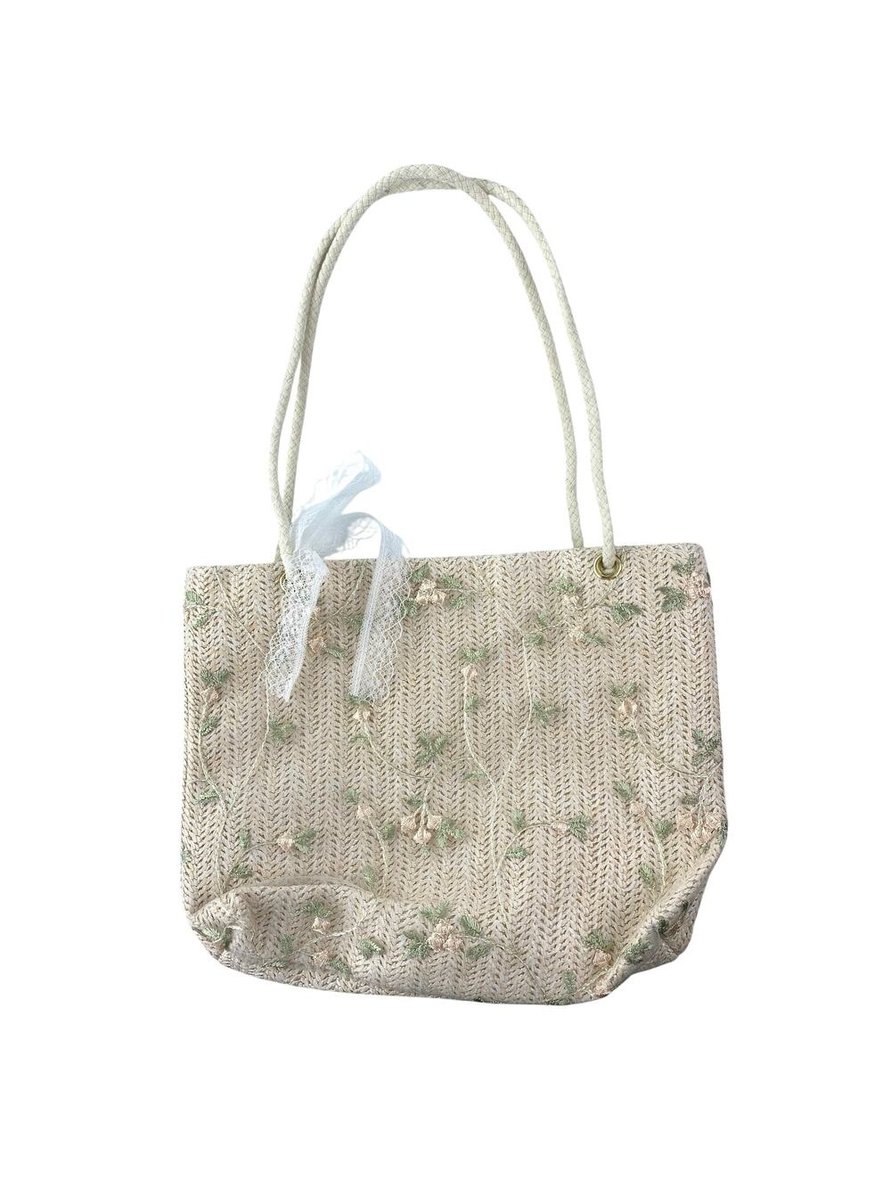Mazeology Women's Cream Floral Embroidered Straw Lace Shoulder Bag Tote Handbag